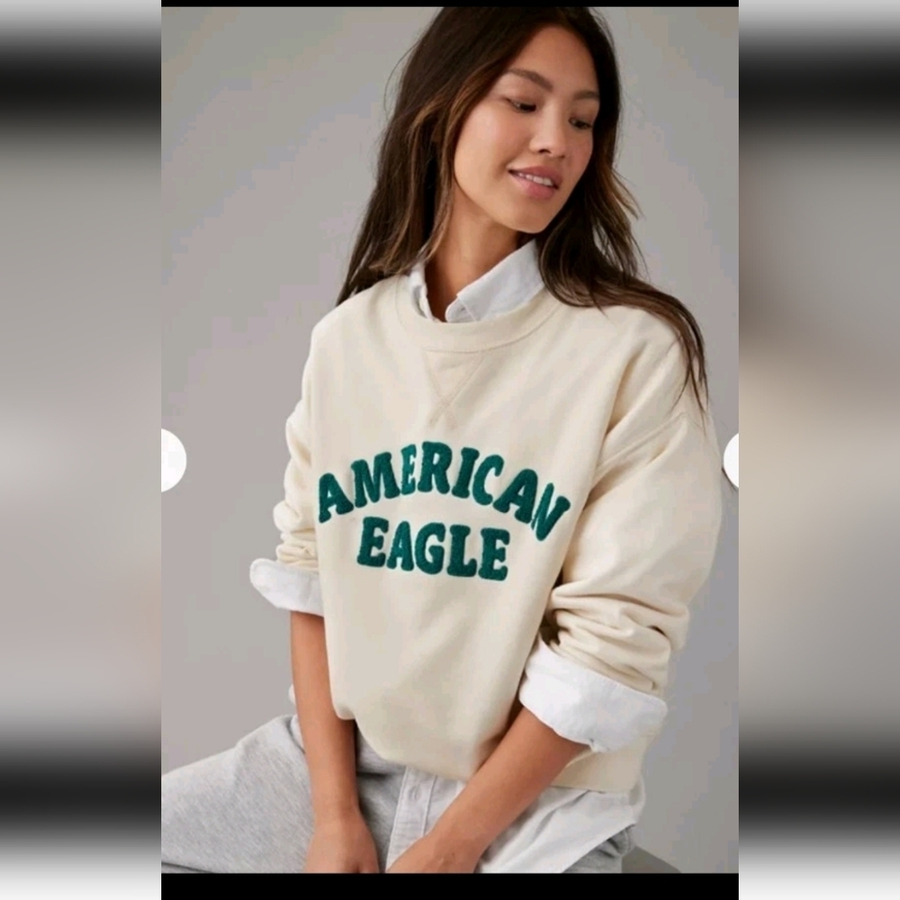 American Eagle Womens Cream Funday Graphic Logo Casual Oversized Sweatshirt XS